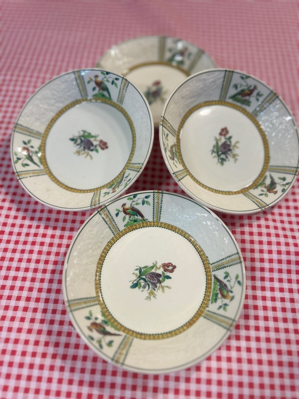 Spode Copeland June Dessert Bowls (4 Set) Embossed Floral Birds Circa 1919-1925